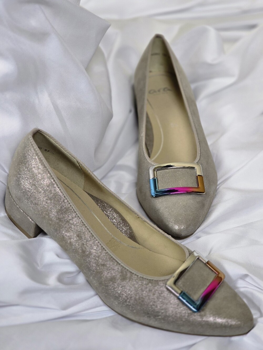 Stunning Ara Metallic Champagne Low-Heel Pumps with Rainbow Gradient Hardware